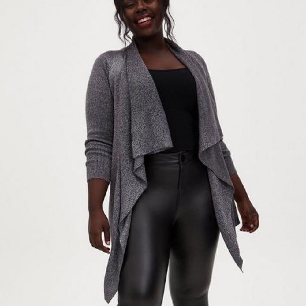 Torrid Womens Gray Metallic Drape Front Sweater Cardigan Large Modern Glam - Picture 2 of 11